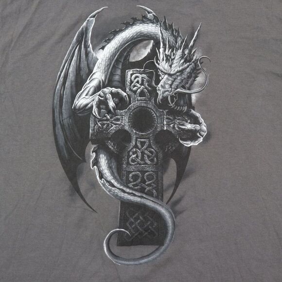 Y2K Celtic Dragon & Cross Fantasy Art T-Shirt Gray 3XL XXXL - Picture 2 of 4
